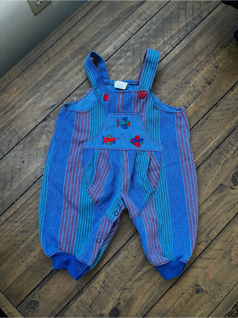 Vintage Baby Striped Blue Overalls with Airplane Embroidery - Picture 1 of 5